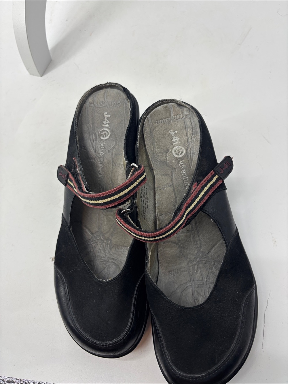 J-41 Black Mary Jane Mules with Striped Ankle Straps